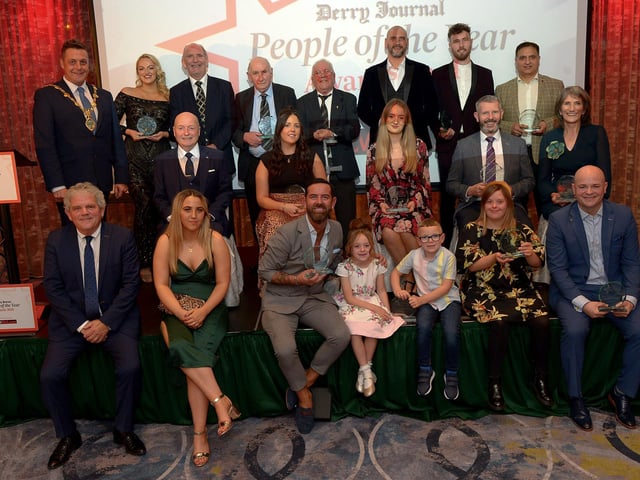 Derry Journal People of the Year Awards winners pictured with the May of Derry and Strabane Alderman Graham Warke, Adrian Logan, compere for the evening and Paul McLean from Principal Sponsor BetMcLean . Photo: George Sweeney. DER2139GS – 063