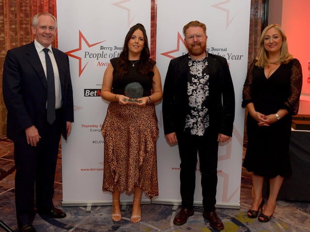 Carer of the Year winner Gemma Killen pictured with Paul McLean (on the left) from Principal Sponsor BetMcLean, Sean McCauley, Optometrist Director of sponsor Specsavers Derry and Louise Strain, Derry Journal. Photo: George Sweeney. DER2139GS – 046