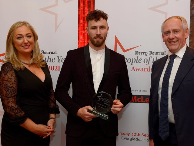 Charity Worker of the Year winner Danny Quigley pictured with Paul McLean from Principal Sponsor BetMcLean and Louise Strain, Derry Journal. Photo: George Sweeney. DER2139GS – 047