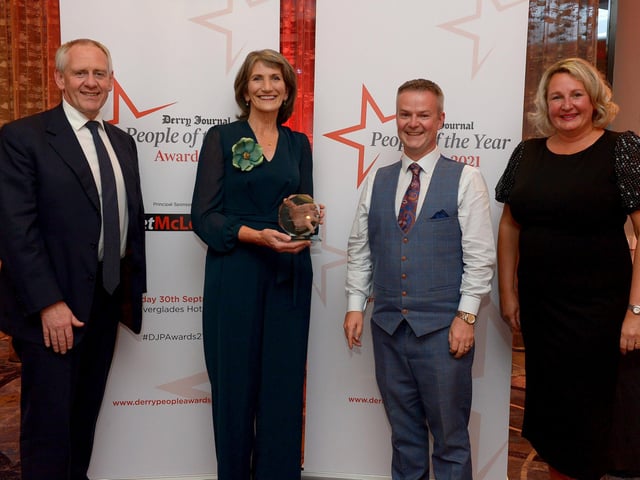 Inspirational Educator of the Year winner Marie Lindsay pictured with Paul McLean (on the left) from Principal Sponsor BetMcLean, Professor Malachy " Néill, Director of Regional Engagement with category sponsor Ulster University and Andrena O’Prey, Derry Journal. Photo: George Sweeney. DER2139GS – 052
