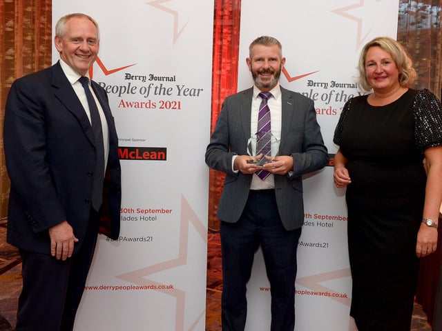 Contribution to Arts & Culture Award winner Allegri represented by Maurice Kelly pictured with Paul McLean from Principal Sponsor BetMcLean and Andrena O’Prey, Derry Journal. Photo: George Sweeney. DER2139GS – 054
