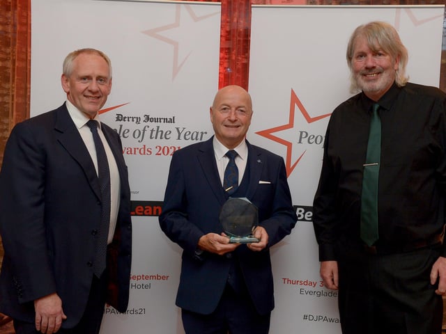 Emergency Services Hero of the Year Alwyn John Griffin Warnock pictured with Paul McLean from Principal Sponsor BetMcLean and William Allen, Senior Editor, North West, JPIMedia. Photo: George Sweeney. DER2139GS – 055