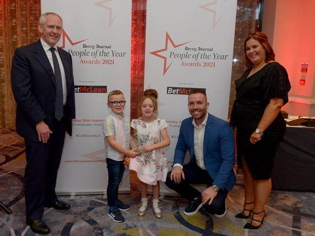 Outstanding Bravery Award winner Adam and Aoife Burke pictured with Paul McLean (on the left), from Principal Sponsor BetMcLean, Blane Tierney and Diane Burke, Commercial Director of Derry Journal, JPIMedia. Photo: George Sweeney. DER2139GS – 057