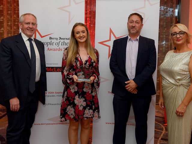 Inspirational Young Talent Award winner Ashton Murphy pictured with Paul McLean (on the left) from Principal Sponsor BetMcLean, Steve Frazer, Managing Director, of category sponsor City of Derry Airport, and Jacqui Diamond, Derry Journal. Photo: George Sweeney. DER2139GS – 050