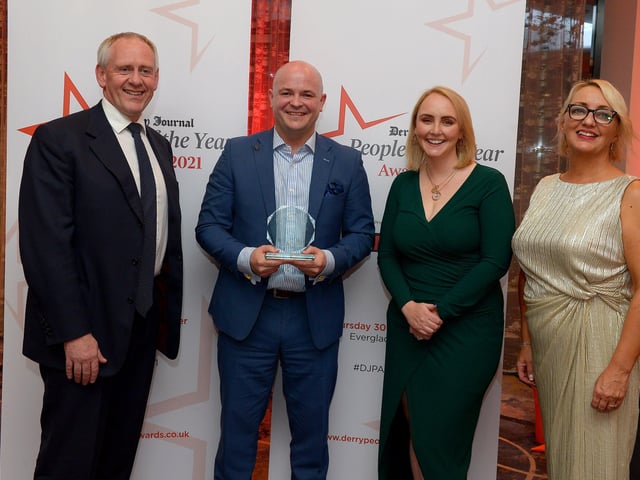 Martin McCrossan Tourism & Hospitality Award winner Neil Devlin pictured with Paul McLean from Principal Sponsor BetMcLean, Charlene McCrossan from Martin McCrossan City Tours and Jacqui Diamond, Derry Journal. Photo: George Sweeney. DER2139GS – 051