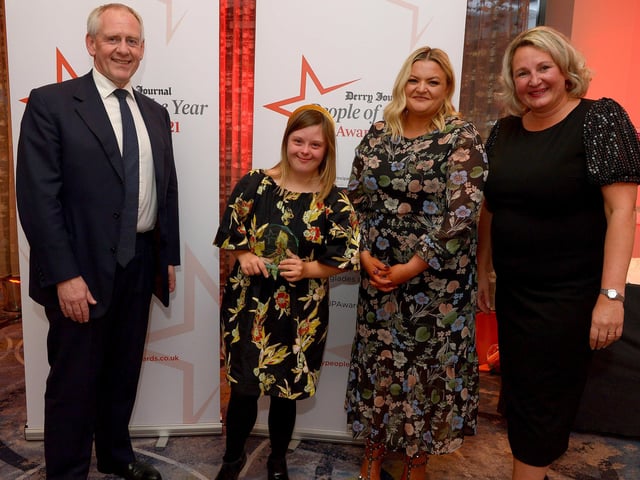 Volunteer of the Year, voted for by Derry Journal readers, Eve McIvor, pictured with Paul McLean from Principal Sponsor BetMcLean , Sarah Canavan, Marketing Manager from category sponsor Alchemy Technology Servies and Andrena O’Prey, Derry Journal. Photo: George Sweeney. DER2139GS – 052