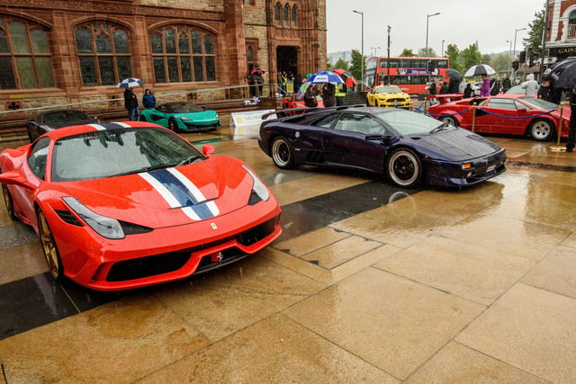 Ferraris and a Lamborghini during Super Car Sunday in aid of the Mayorâ€TMs Charity Appeal for Foyle Down Syndrome Trust. Picture Martin McKeown. 03.10.21