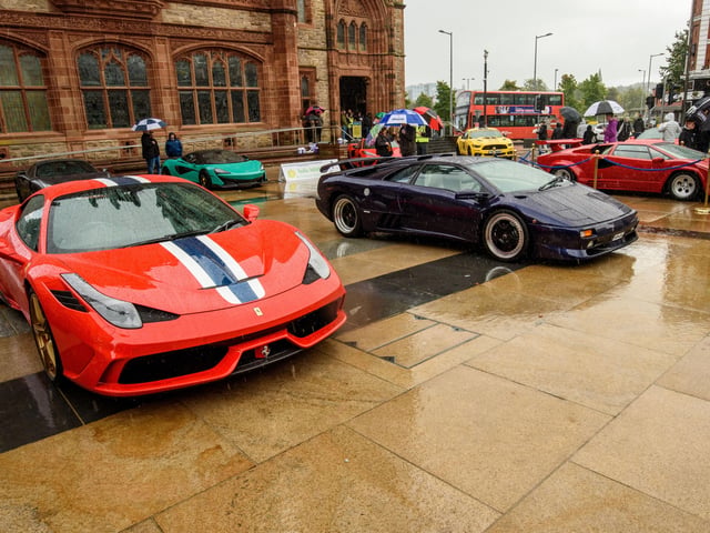 Ferraris and a Lamborghini during Super Car Sunday in aid of the Mayorâ€TMs Charity Appeal for Foyle Down Syndrome Trust. Picture Martin McKeown. 03.10.21