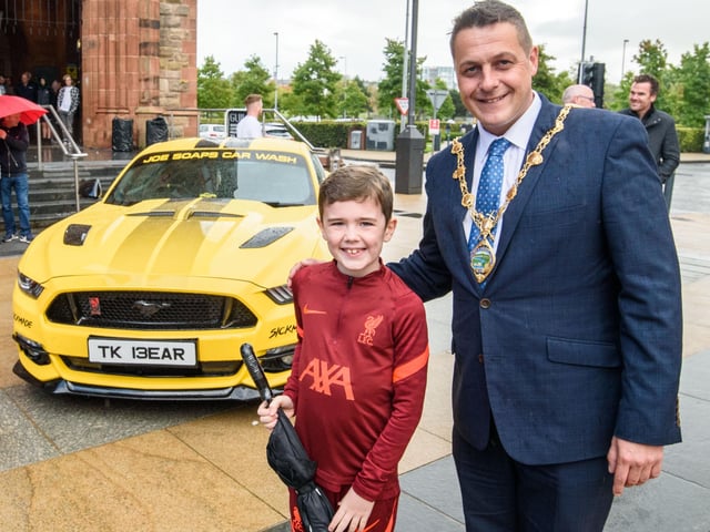 Terry Roberts with the Mayor Alderman Graham Warke, during Super Car Sunday in aid of the Mayorâ€TMs Charity Appeal for Foyle Down Syndrome Trust. Picture Martin McKeown. 03.10.21