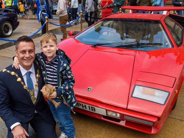 The Mayor and his son Ollie check out the classic Lamborghini Countach during Super Car Sunday in aid of the Mayorâ€TMs Charity Appeal for Foyle Down Syndrome Trust. Picture Martin McKeown. 03.10.21