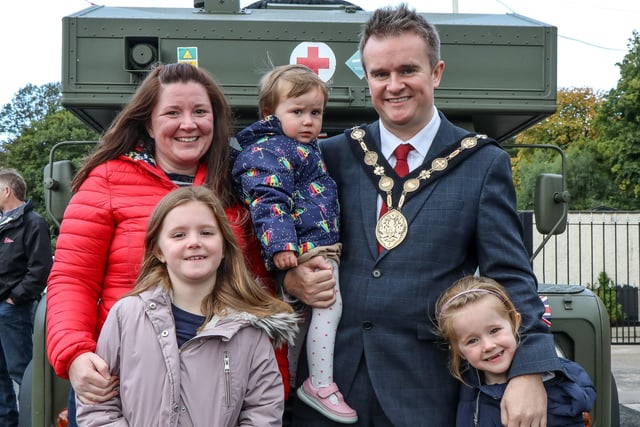 The Mayor, Alderman Stephen Martin, with his wife and children at the Royal British Legion 100th anniversary children's street party. Pic by Norman Briggs, rnbphotographyni
