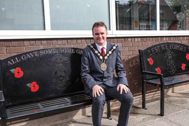 The Mayor Alderman Stephen Martin pictured with the new memorial benches. Pic by Norman Briggs, rnbphotogragphyni