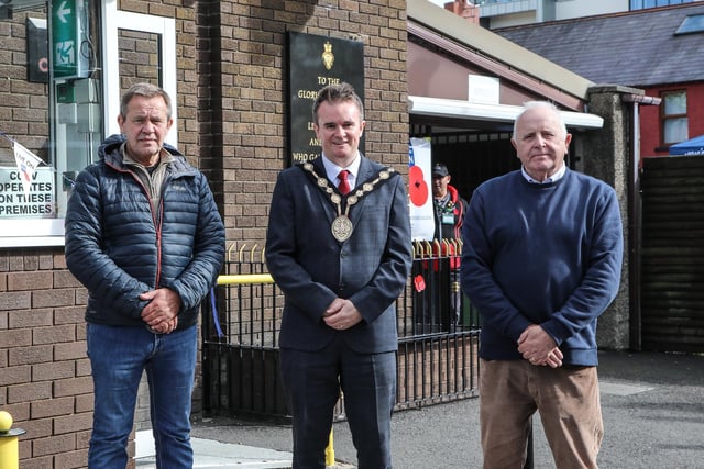 The Mayor Alderman Stephen Martin with the President Raymond Corbett and Chairman of Lisburn RBL Brian Corbett at the Street Party to celebrate 100 years of Lisburn RBL. Pic by Norman Briggs, rnbphotographyni