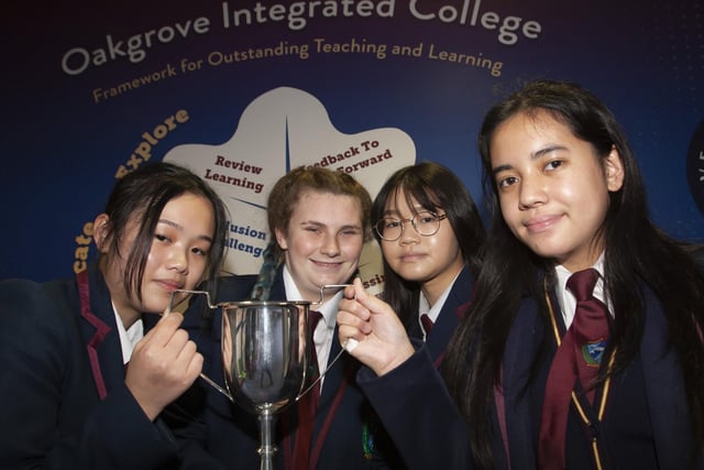Winners of the Laverty Cup for Citizenship, Oakgrove College students Colly, Jessica, Zita and Ianna who were honoured for their involvement with St Columbâ€TMs Park Houseâ€TMs Park Youth project.