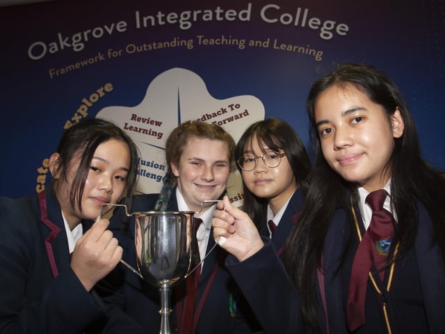 Winners of the Laverty Cup for Citizenship, Oakgrove College students Colly, Jessica, Zita and Ianna who were honoured for their involvement with St Columbâ€TMs Park Houseâ€TMs Park Youth project.