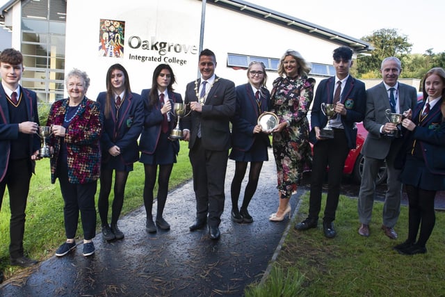 The Mayor of Derry City and Strabane District Council, Graham Warke, who was special guest at Oakgrove Integrated Collegeâ€TMs Senior Prizegiving last week pictured with some of the prizewinners. Included are Dr. Anne Murray, chair, Board of Governors, Katrina Crilly, Principal, and Colm Donaghey, Vice Principal.