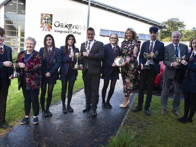 The Mayor of Derry City and Strabane District Council, Graham Warke, who was special guest at Oakgrove Integrated Collegeâ€TMs Senior Prizegiving last week pictured with some of the prizewinners. Included are Dr. Anne Murray, chair, Board of Governors, Katrina Crilly, Principal, and Colm Donaghey, Vice Principal.