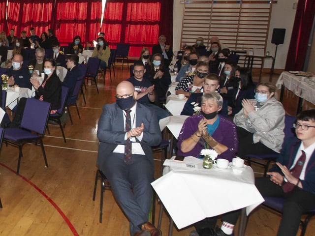 A section of the audience at Oakgroveâ€TMs Annual Senor Prizegiving, with pianist Ellie McMichael who performed at the opening of the ceremony.