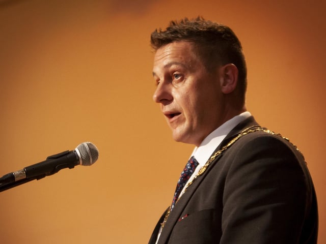 The Mayor of Derry City and Strabane District Council, Graham Warke addressing the attendance at Oakgrove Integrated Collegeâ€TMs Senior Prizegiving on Friday last. (Photos: Jim McCafferty Photography)