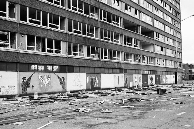 1985... Rossville Street following disturbances in the aftermath of the Apprentice Boys' annual Relief of Derry parade.