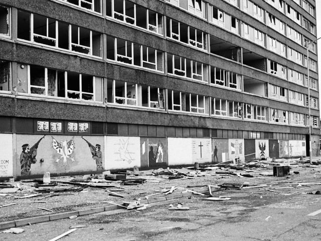 1985... Rossville Street following disturbances in the aftermath of the Apprentice Boys' annual Relief of Derry parade.