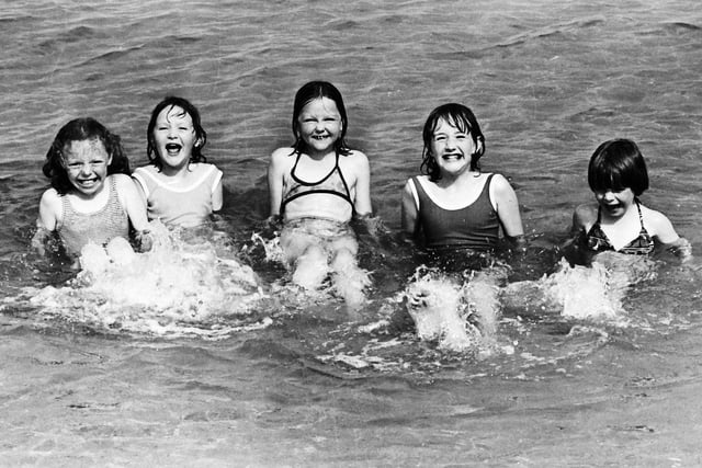 1979... Enjoying a cooling splash at Shrove were, from left, Stephanie Hamilton, Derry, Kim McManus, Moville, Joanne Harkin, Moville, Marie Elena Martin, Moville and Deirdre Caldwell, Derry.