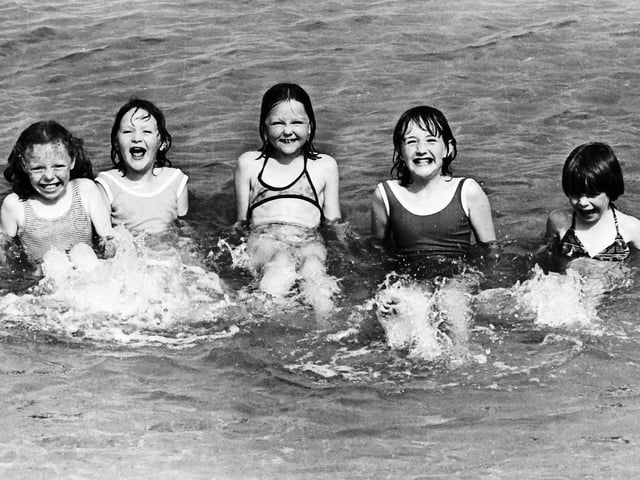 1979... Enjoying a cooling splash at Shrove were, from left, Stephanie Hamilton, Derry, Kim McManus, Moville, Joanne Harkin, Moville, Marie Elena Martin, Moville and Deirdre Caldwell, Derry.
