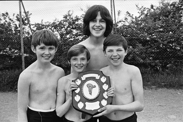1972... Winners of the inter-class shield at the annual swimming gala at St Columb's College are, from left, Mark Anderson, Gregory Jackson, Ryszard Zaluczkowski and Brian Bergin.