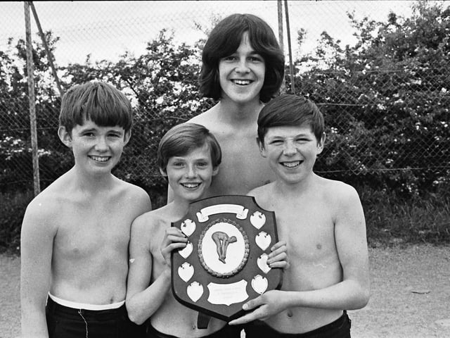 1972... Winners of the inter-class shield at the annual swimming gala at St Columb's College are, from left, Mark Anderson, Gregory Jackson, Ryszard Zaluczkowski and Brian Bergin.