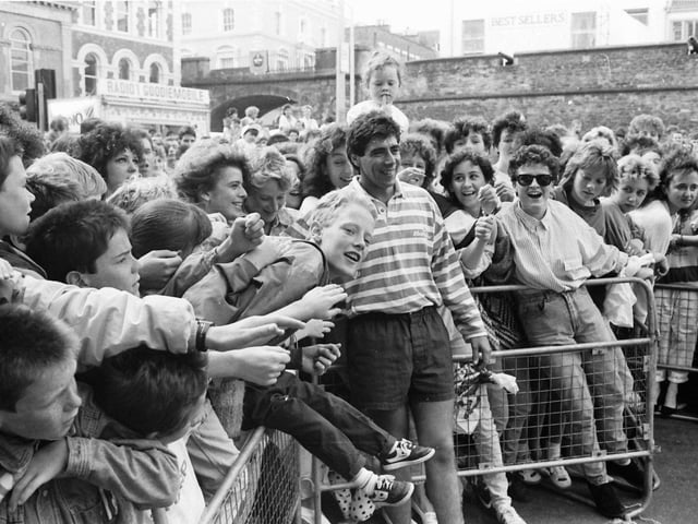 1988... DJ Gary Davies gets up close and personal with the crowd at the BBC Radio One Roadshow in Derry.