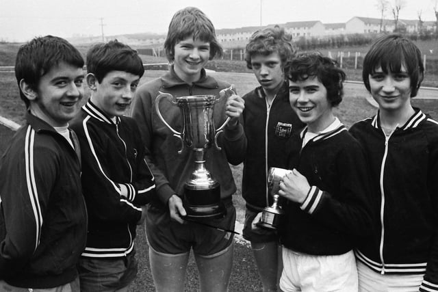 1974... The St Columb's College team which won the All-Ireland and Ulster schools' junior cross country titles. From left are Martin McGeady, Brendan Bonner, Hugh McCann, Dessie O'Donnell, Garvan O'Doherty and Neal Doherty.