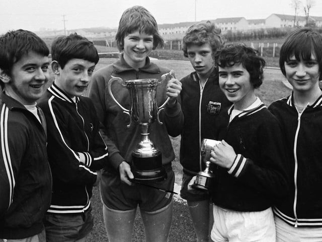 1974... The St Columb's College team which won the All-Ireland and Ulster schools' junior cross country titles. From left are Martin McGeady, Brendan Bonner, Hugh McCann, Dessie O'Donnell, Garvan O'Doherty and Neal Doherty.