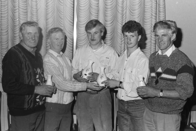 Mr. Willie O’Donnell, chair, St. Mary’s Bowling Club, Buncrana, second from left, presenting the prize in the Buncrana Open Pairs Competition to winners Steven Stewart and Dermot McCarron (St. Eugene’s B.C.). Included are John McNair and Tommy Tinney (Rye, Manorcunnginham), runners-up.