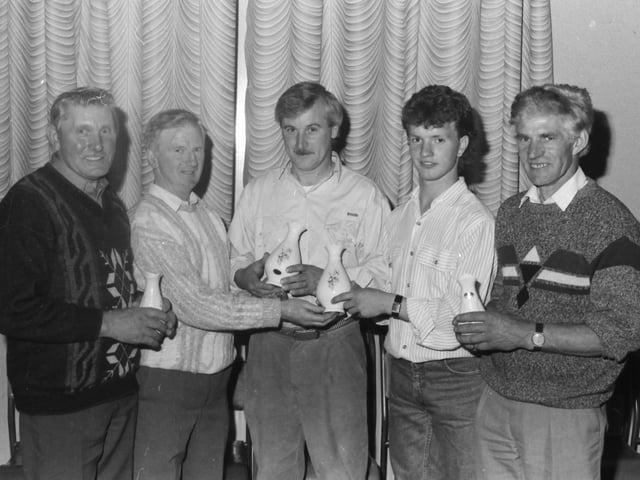Mr. Willie O’Donnell, chair, St. Mary’s Bowling Club, Buncrana, second from left, presenting the prize in the Buncrana Open Pairs Competition to winners Steven Stewart and Dermot McCarron (St. Eugene’s B.C.). Included are John McNair and Tommy Tinney (Rye, Manorcunnginham), runners-up.