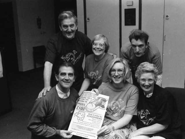 Members of the Derry branch of the National Schizophernia Fellowship pictured with Radio Foyle presenter Gerry Anderson to publicise their Best Foot Forward five mile walk. Seated, Jean O’Doherty and Francis Brown. Back, from left, Louis Brown, Celine Davidson and Paul Brown.