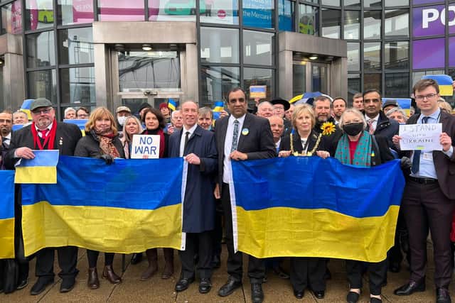 Sheffield councillors gathered outside Ponds Forge with flags and sunflowers ahead of a full council meeting to show solidarity with Ukraine amid Russia's invasion.