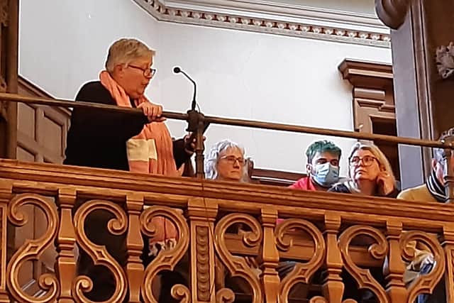SOS Sheffield campaigner Ruth Hubbard asking questions about Fargate Container Park from the public gallery at a meeting of Sheffield City Council. Picture: Julia Armstrong, LDRS