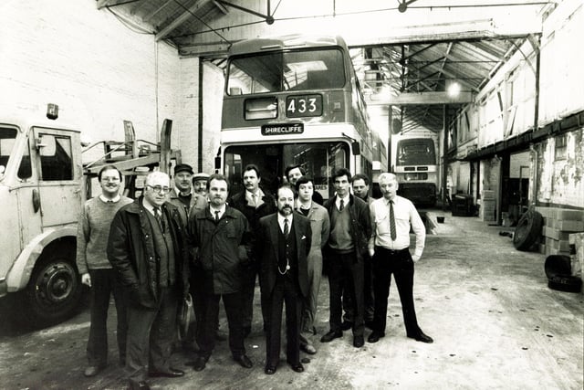 Staff of the Sheaf Line Bus Company who ran their business from the Old Tram Depot, Attercliffe Common, where the building was under a compulsory purchase order from the council in 1988
