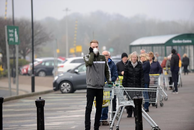 Shoppers queuing at Seaburn Morrisons when lockdown is first announced. Since then, queues for supermarkets have become the new normal.