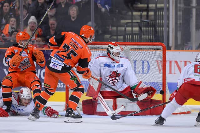 Sheffield Steelers' Robert Dowd has a shot on goal against Cardiff Devils. Picture: Dean Woolley