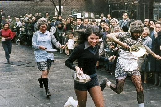 Competitors in the Woodhouse pancake race, Feb 11th 1975. Picture: Sheffield Newspapers