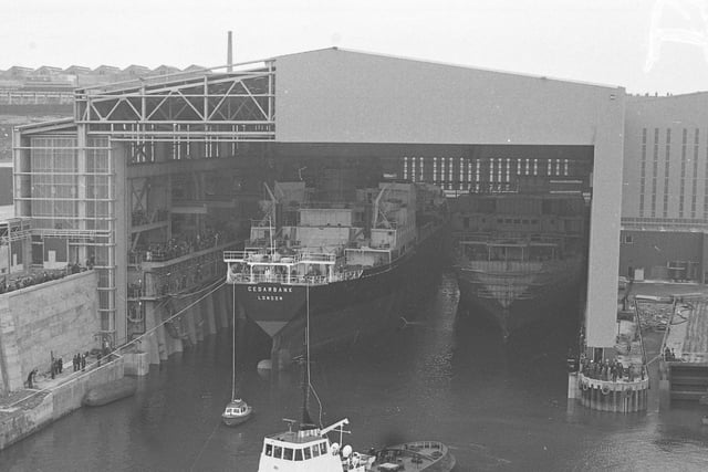 The Cedarbank was the first of a series of six cargo  liners to be built for the Bank Line Ltd, of London. Pictured is the Sunderland Shipbuilders undercover dock.