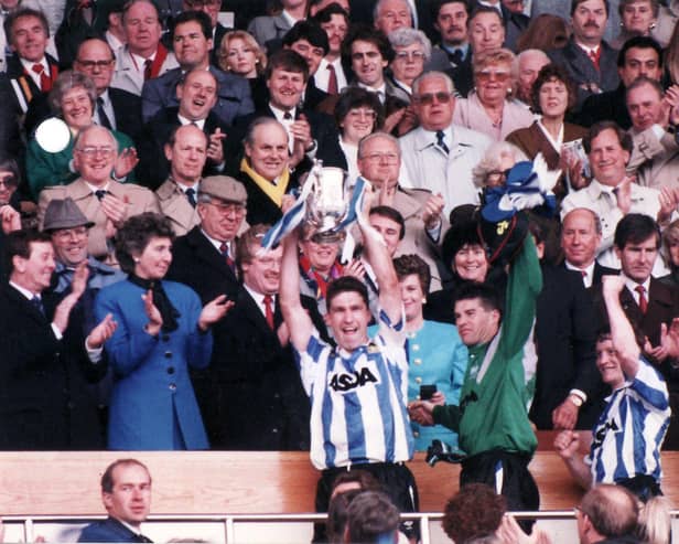 Nigel Pearson lifts the League Cup after Sheffield Wednesday beat Manchestre United in the 1991 final at Wembley
