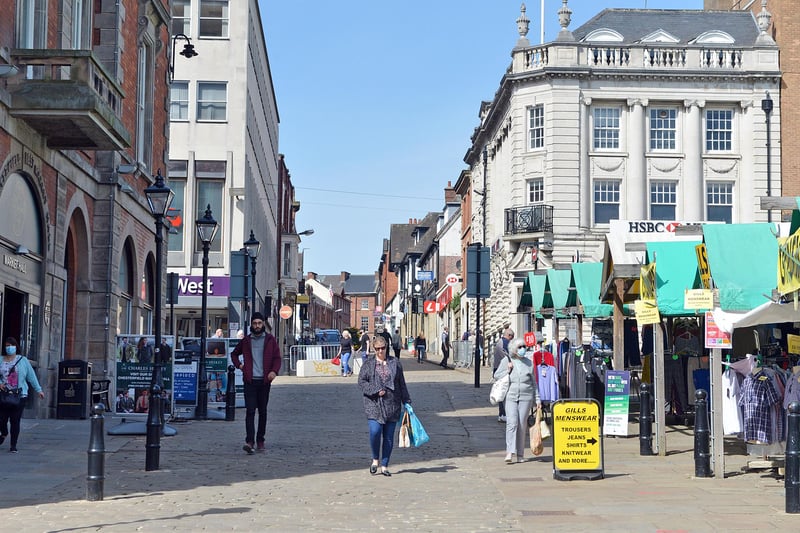 Chesterfield town centre busy in the spring sun.