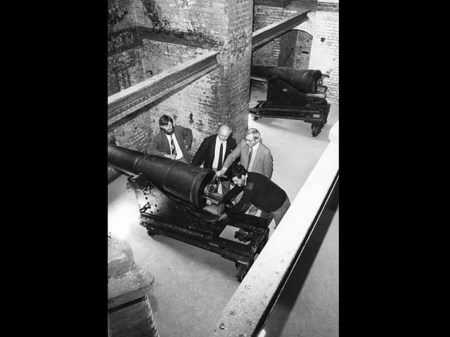 Loading a cannon in the north caponier, Fort Nelson in 1987. The News PP4682
