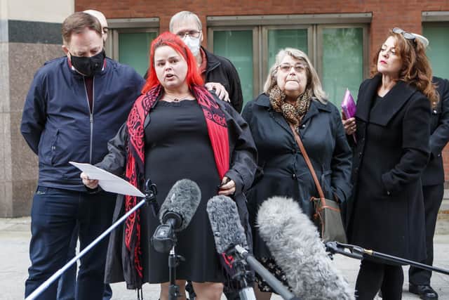 Widow Claire Mercer (second left) reads a statement to the press, outside Sheffield Crown Court, after lorry driver Prezemyslaw Zbigniew Szuba was jailed for causing the deaths of two men on a smart motorway.