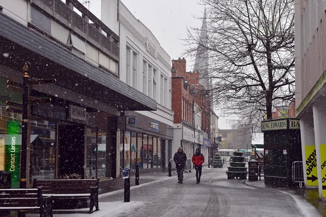 With the lockdown still on, there were few people out in the snow in Chesterfield town centre