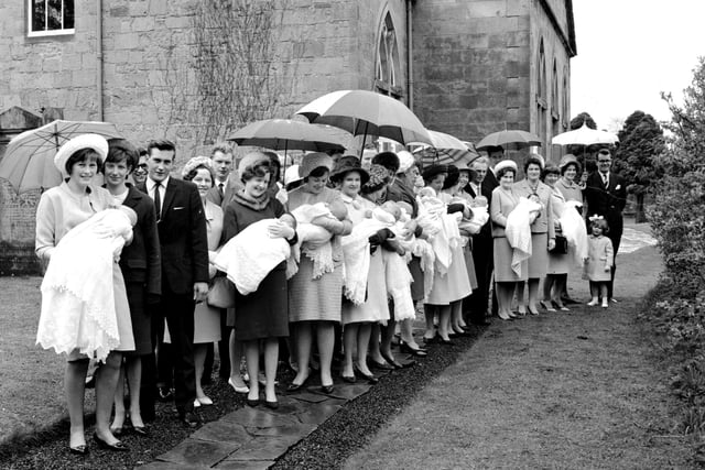 Ten Christenings being held at Currie Kirk, 1966.