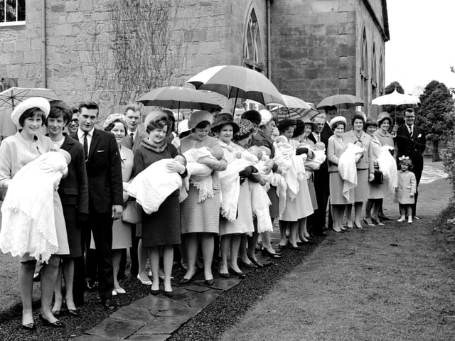 Ten Christenings being held at Currie Kirk, 1966.
