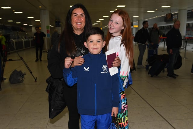 Rangers fans Harris Campbell, 
Mason Montgomery and mum Anne Marie leave to go to the UEFA Europa League Final in Seville 